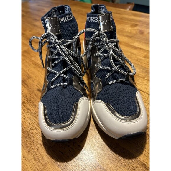 MICHAEL KORS Hilda Knit Sock Leather Wedge Sneaker Trainer Navy Silver Red 6.5 - Picture 3 of 10